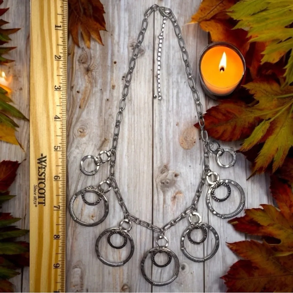 Wrapped Metal Layered Circles Statement Necklace - Boho Vintage Silver-Tone - Picture 6 of 7